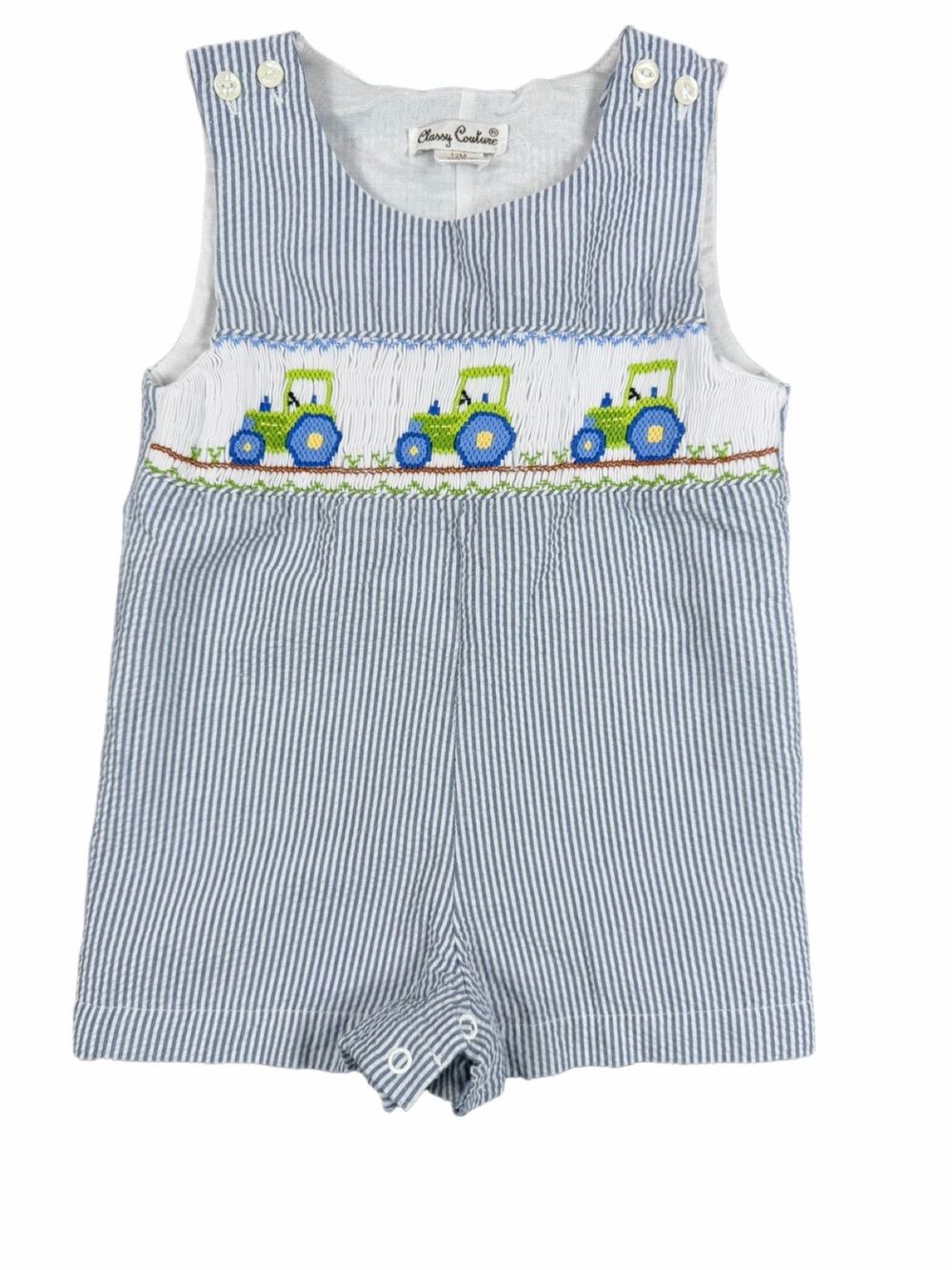 CLASSY COUTURE Striped Seersucker Smocked Tractor Shortall - 12M